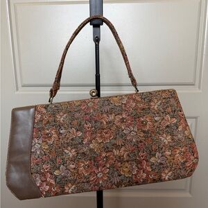 Floral Tapestry Handbag with Brown and Metallic Accents